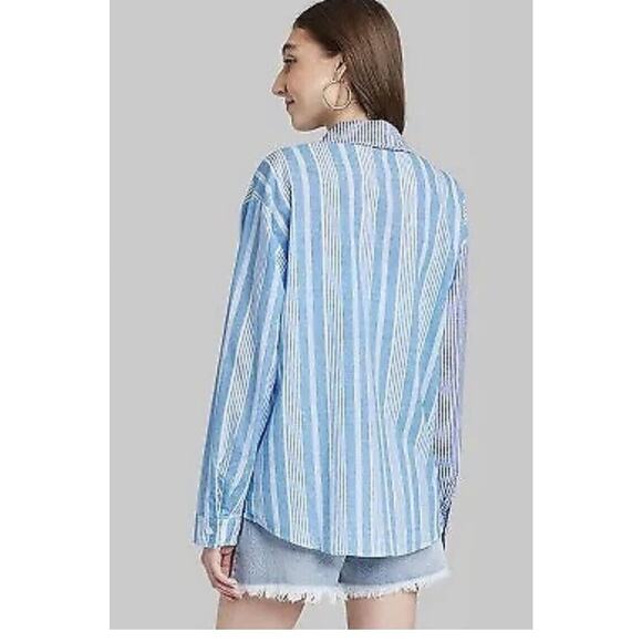 Wild Fable Long Sleeve Color Block Button-Down Shirt - Blue Multi Women's XS NWT - Picture 3 of 6